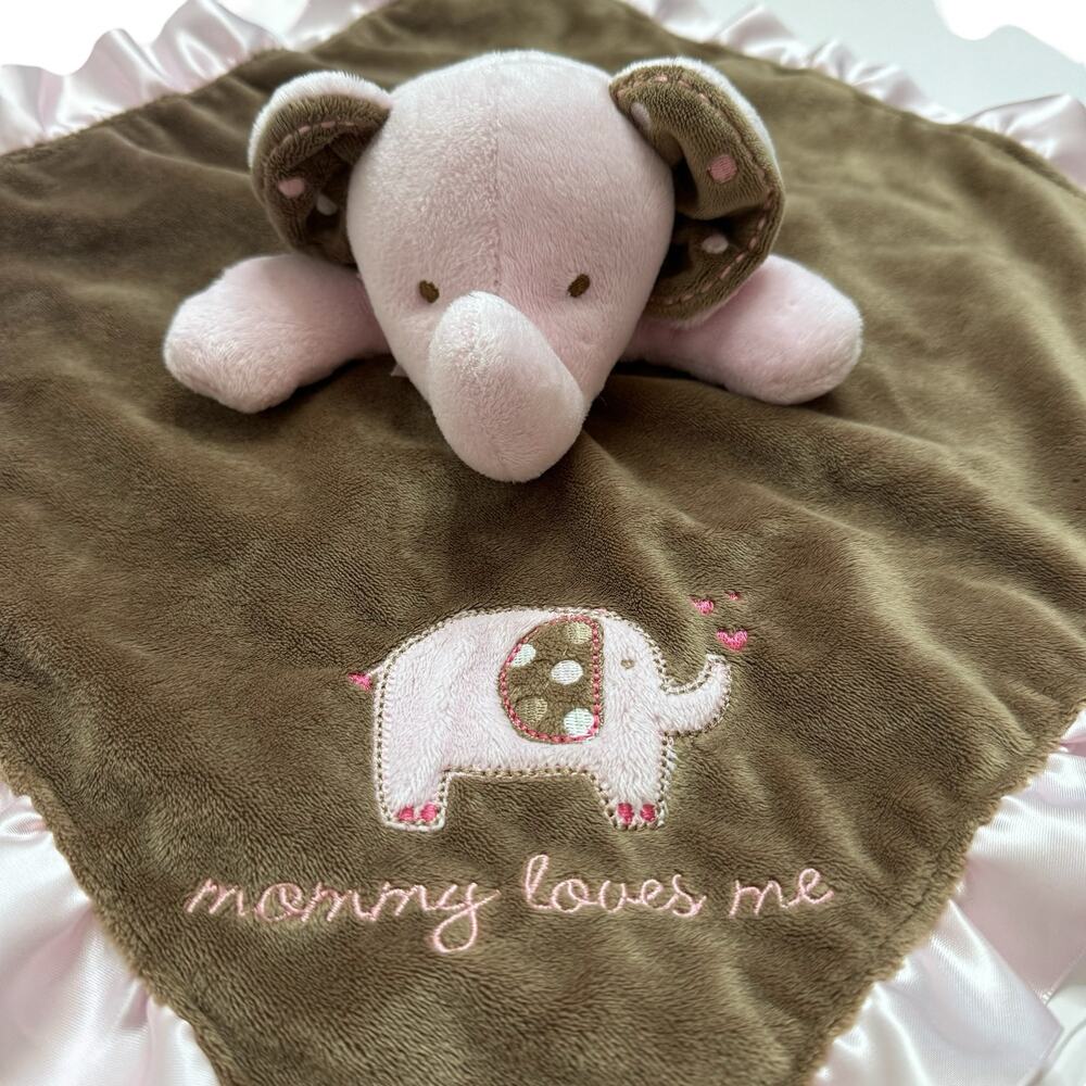 CARTERS Brown & Pink Elephant Mommy Loves Me Lovie Security Blanket Satin Fleece